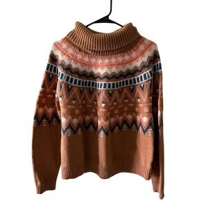 Grace + Karma Womens 1X Fair Isle Turtleneck Sweater Brown Pink Geometric Knit